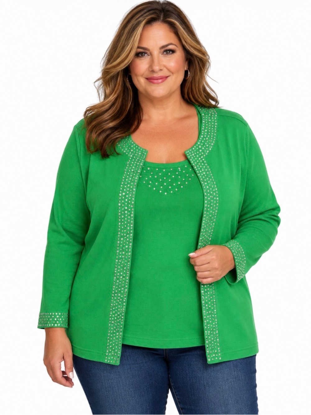Quacker Factory Cardigan Bright Green Stud Trim Tank Twinset Built In 1X